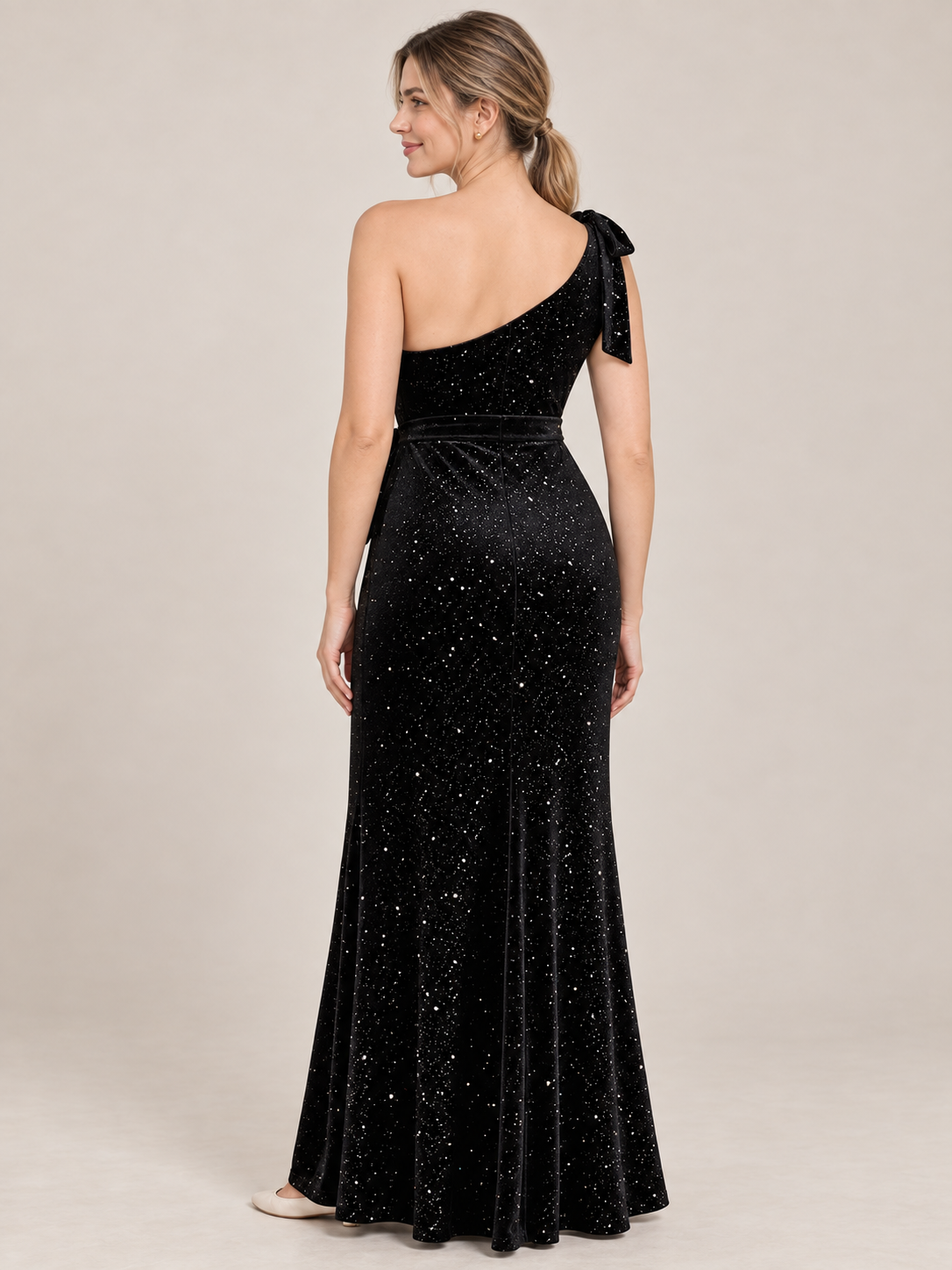 Ines Black maternity dress — back view of the diagonal back neckline and shoulder tie