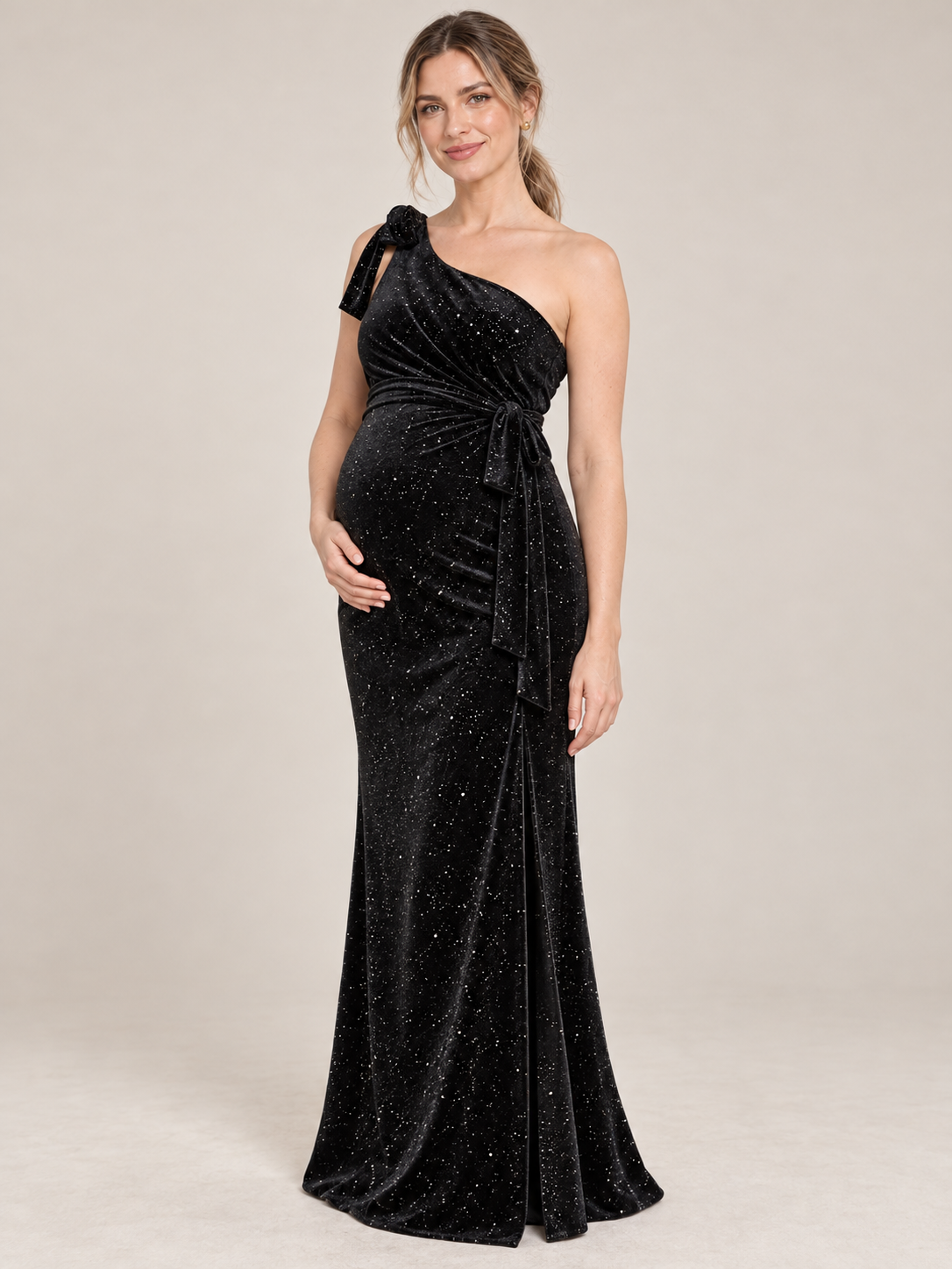 Ines Black maternity dress — slim sparkle skirt falling to the hem