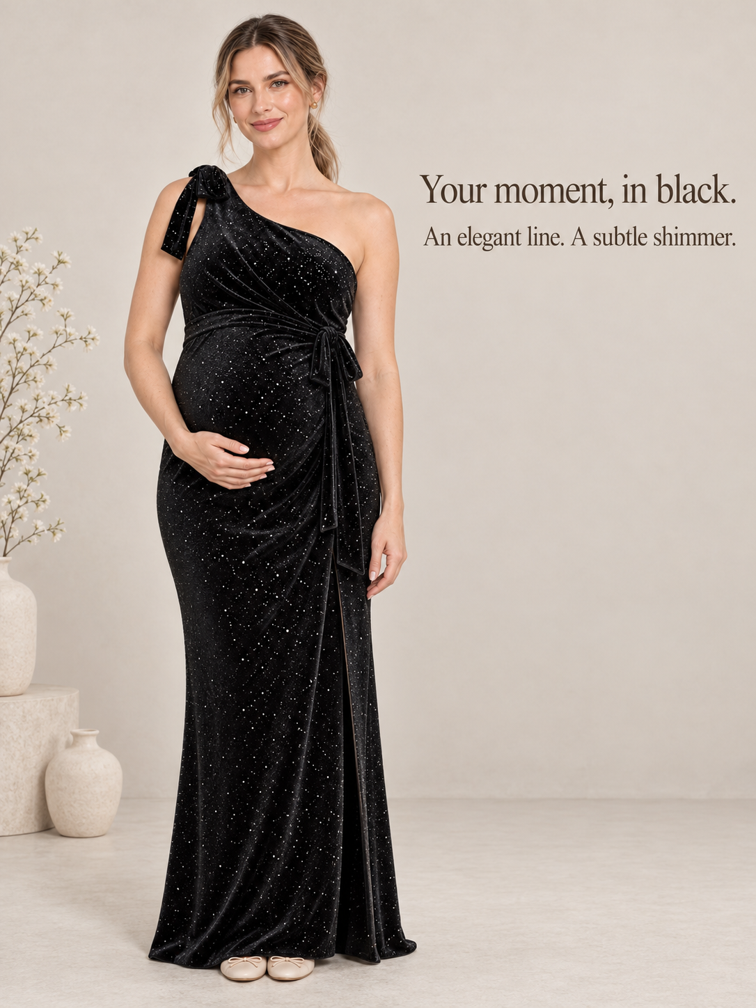 Ines Black maternity dress — full-length studio portrait of the slim silhouette