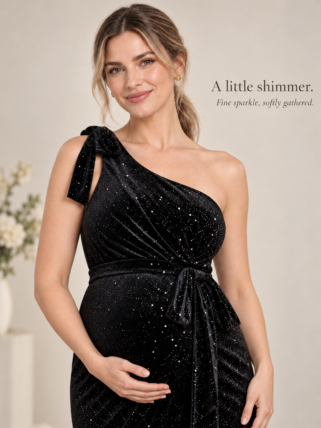 Ines Black maternity dress — soft-light close-up of the fine sparkle