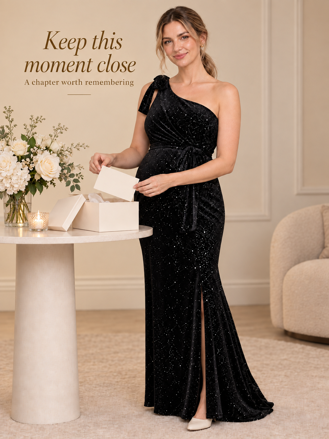 Ines Black maternity dress — opening a gift box beside a round table