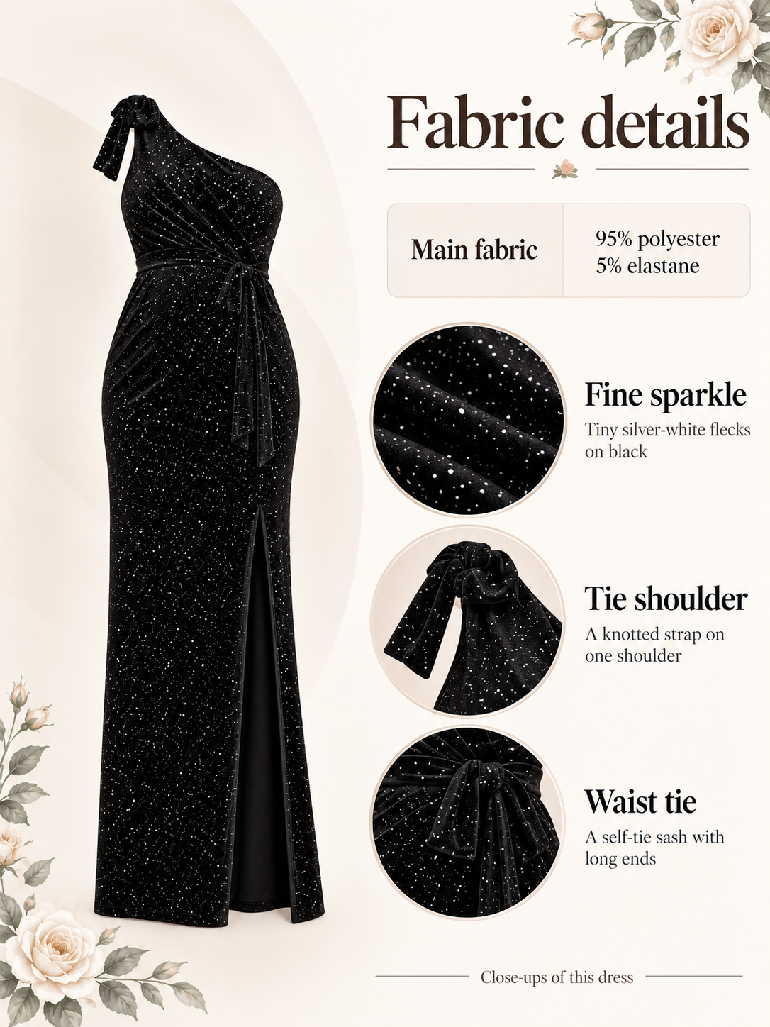 Ines Black maternity dress — material guide showing the fine sparkle, shoulder knot and front slit