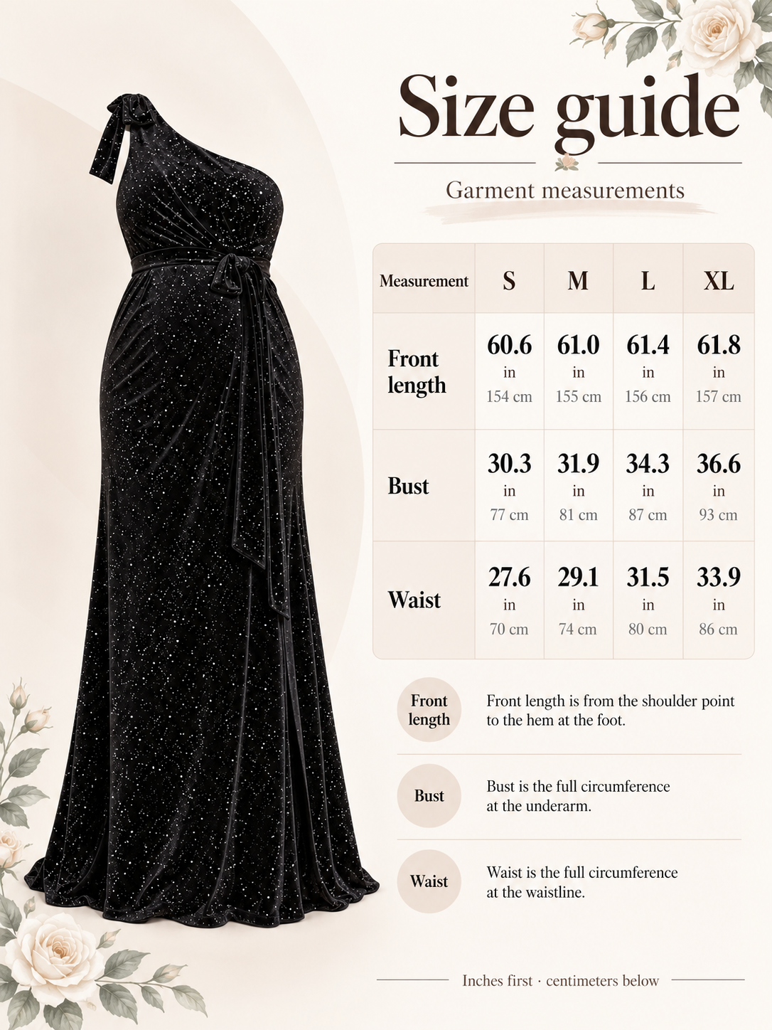 Ines Black maternity dress — size guide with S to XL garment measurements in inches and centimeters