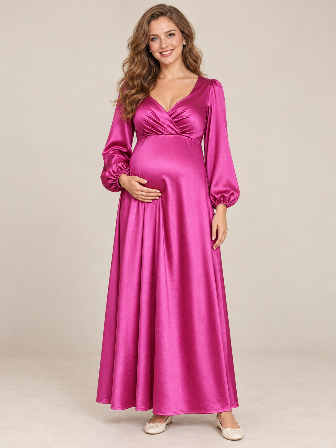 Marguerite Magenta maternity dress — front view with crossover V-neckline, lantern sleeves and satin maxi skirt
