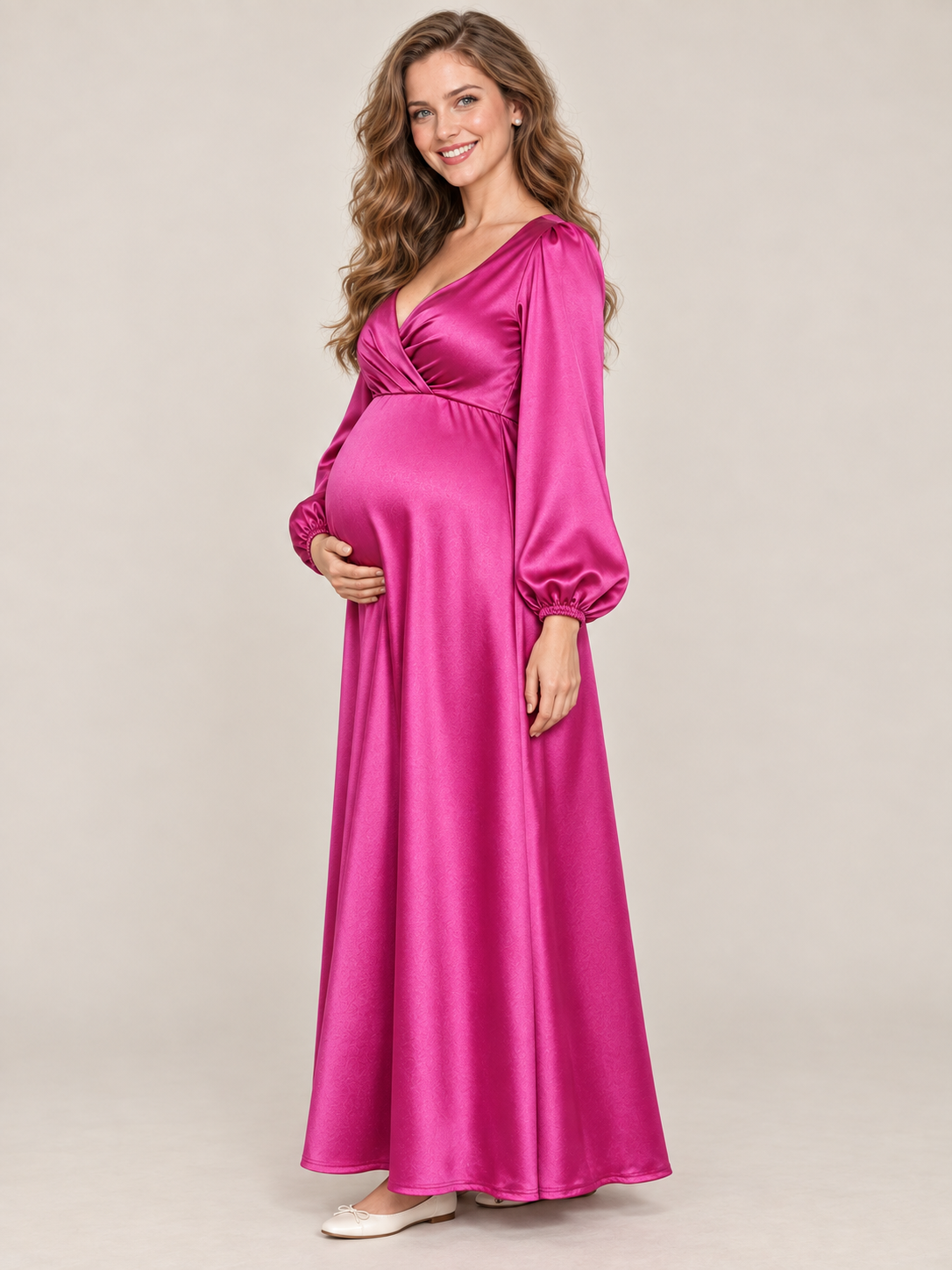 Marguerite Magenta maternity dress — side view of the high waist and satin skirt over the bump