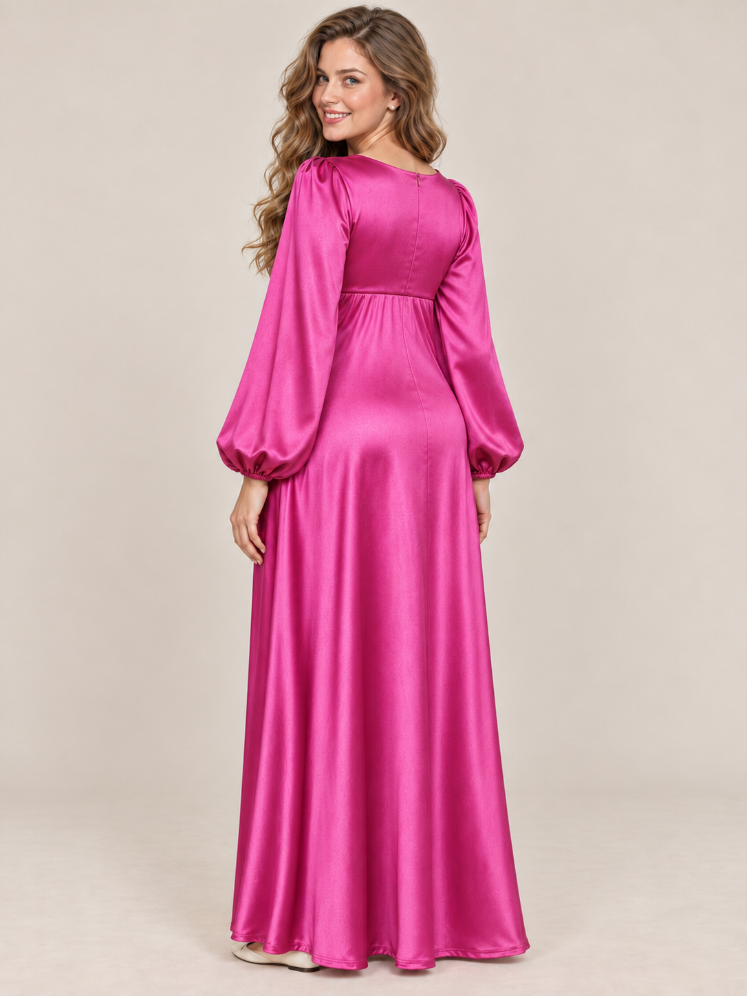 Marguerite Magenta maternity dress — back view with rounded back neckline, center seam and lantern sleeves