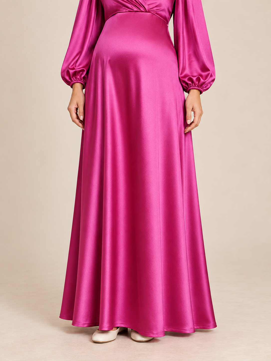 Marguerite Magenta maternity dress — flowing satin skirt and hem with gathered sleeve cuffs