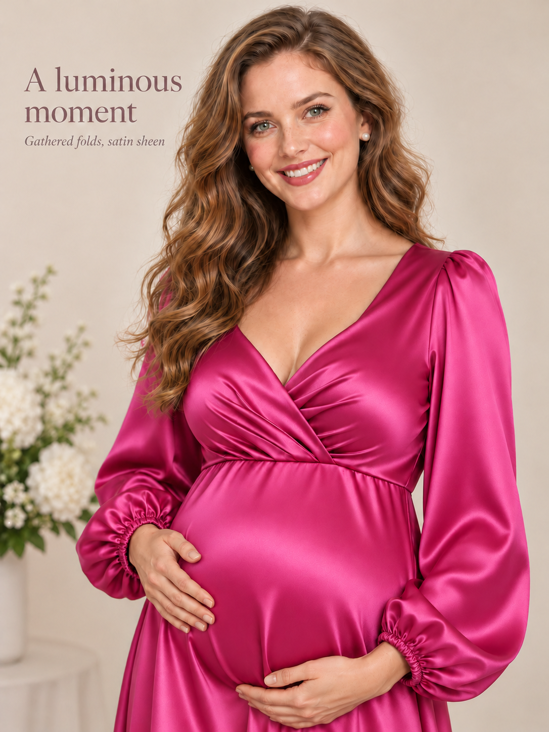 Marguerite Magenta maternity dress — smooth satin sheen and pleated bodice in soft light