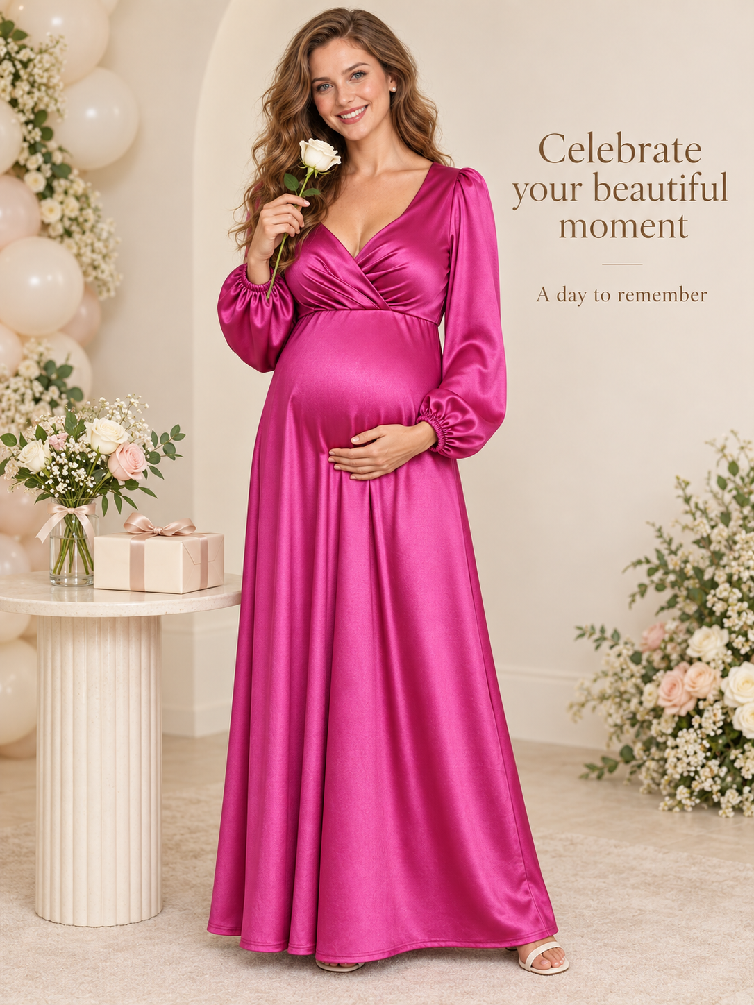 Marguerite Magenta maternity dress — holding a white rose beside a balloon arch and gift table