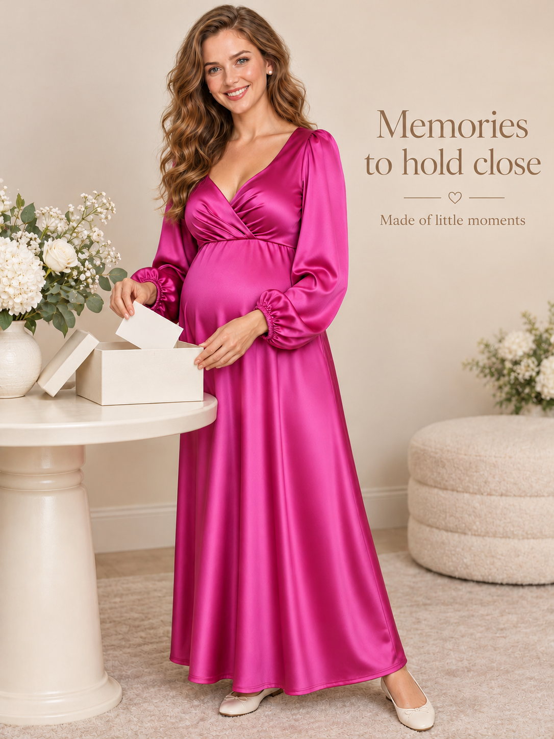 Marguerite Magenta maternity dress — placing a card in a keepsake box