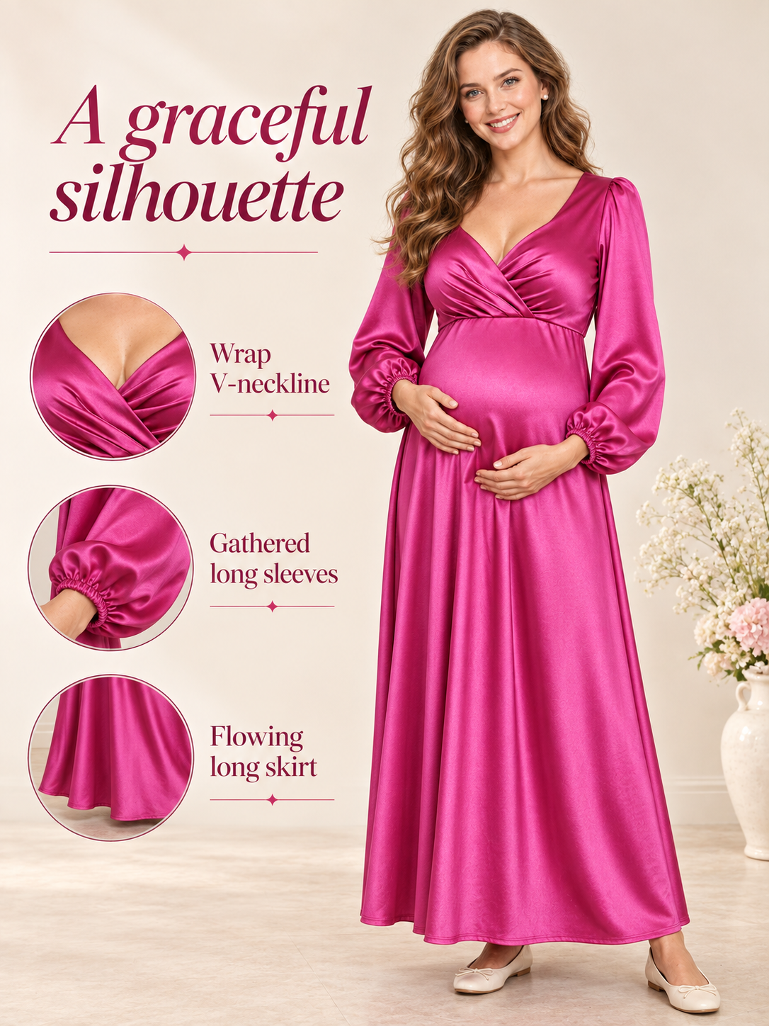 Marguerite Magenta maternity dress — wrap V-neckline, gathered long sleeves and flowing skirt details