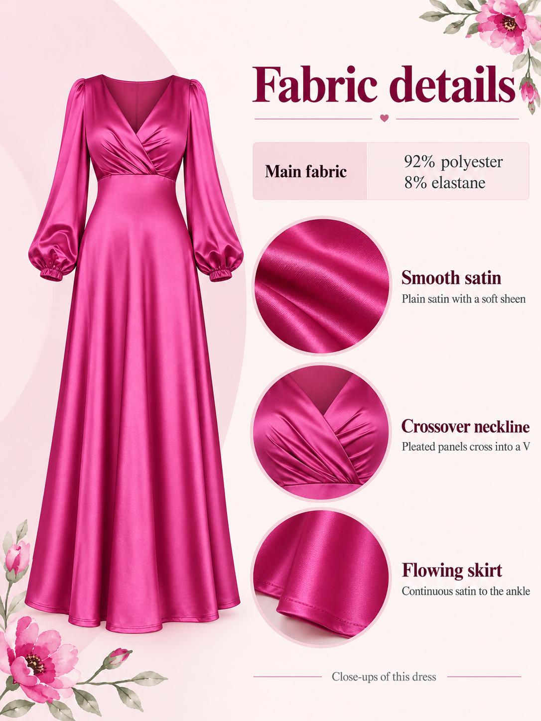 Marguerite Magenta maternity dress — material guide showing the smooth satin, crossover neckline and satin skirt