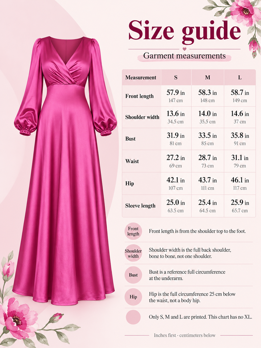 Marguerite Magenta maternity dress — size guide with S to L garment measurements in inches and centimeters