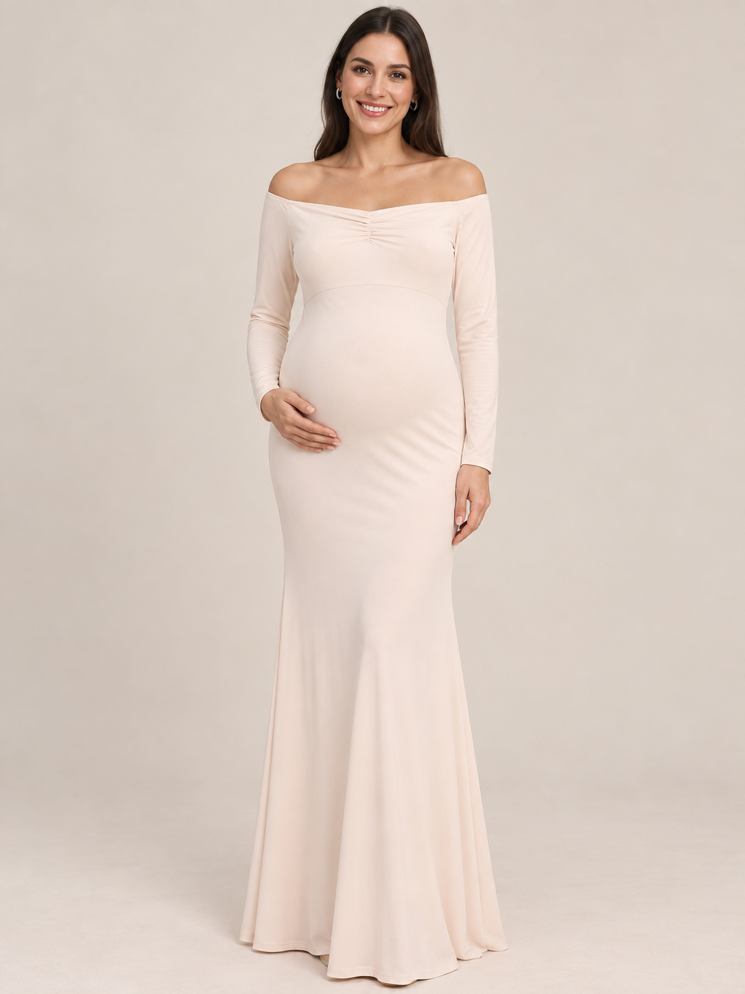 Amelise Cream maternity dress — front view with off-the-shoulder neckline, long sleeves and flared maxi skirt