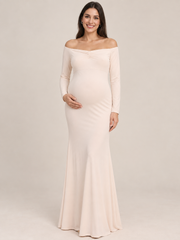 Amelise Cream maternity dress — front view with off-the-shoulder neckline, long sleeves and flared maxi skirt