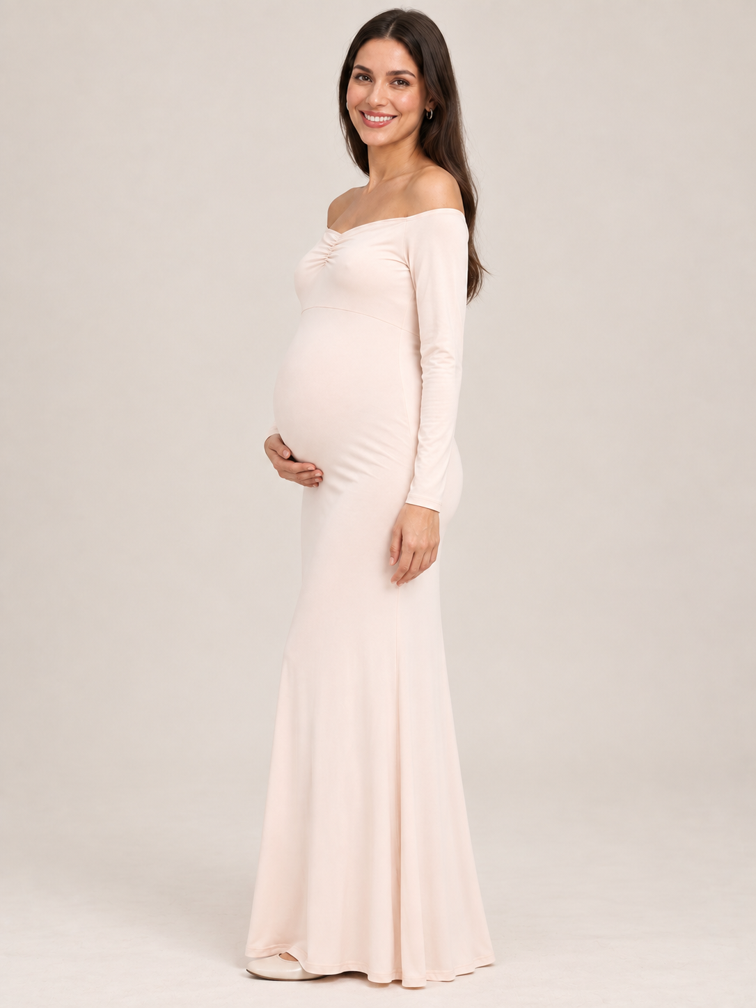Amelise Cream maternity dress — side view of the fitted bodice and maternity silhouette