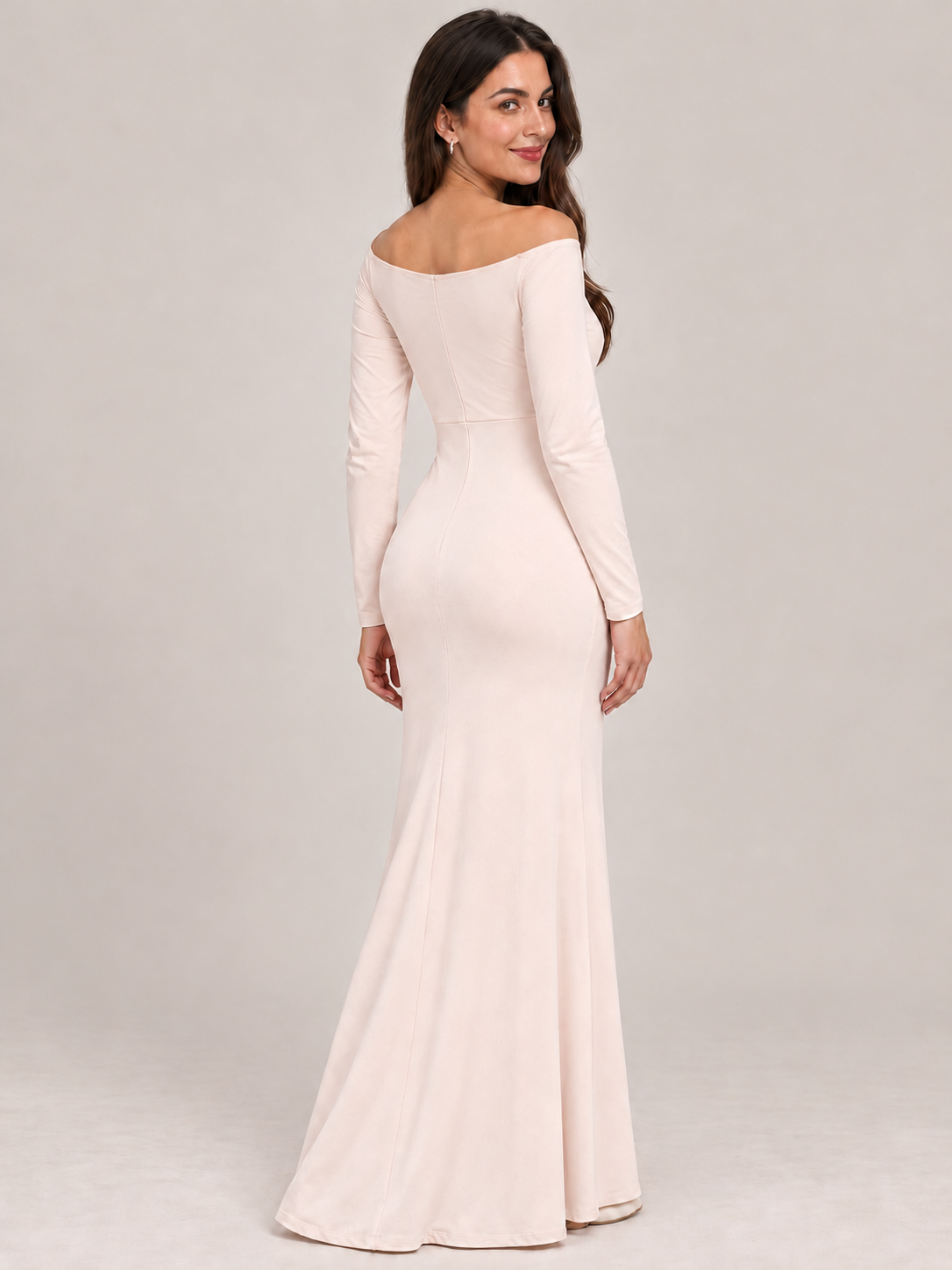 Amelise Cream maternity dress — back view of the curved back neckline and flared skirt