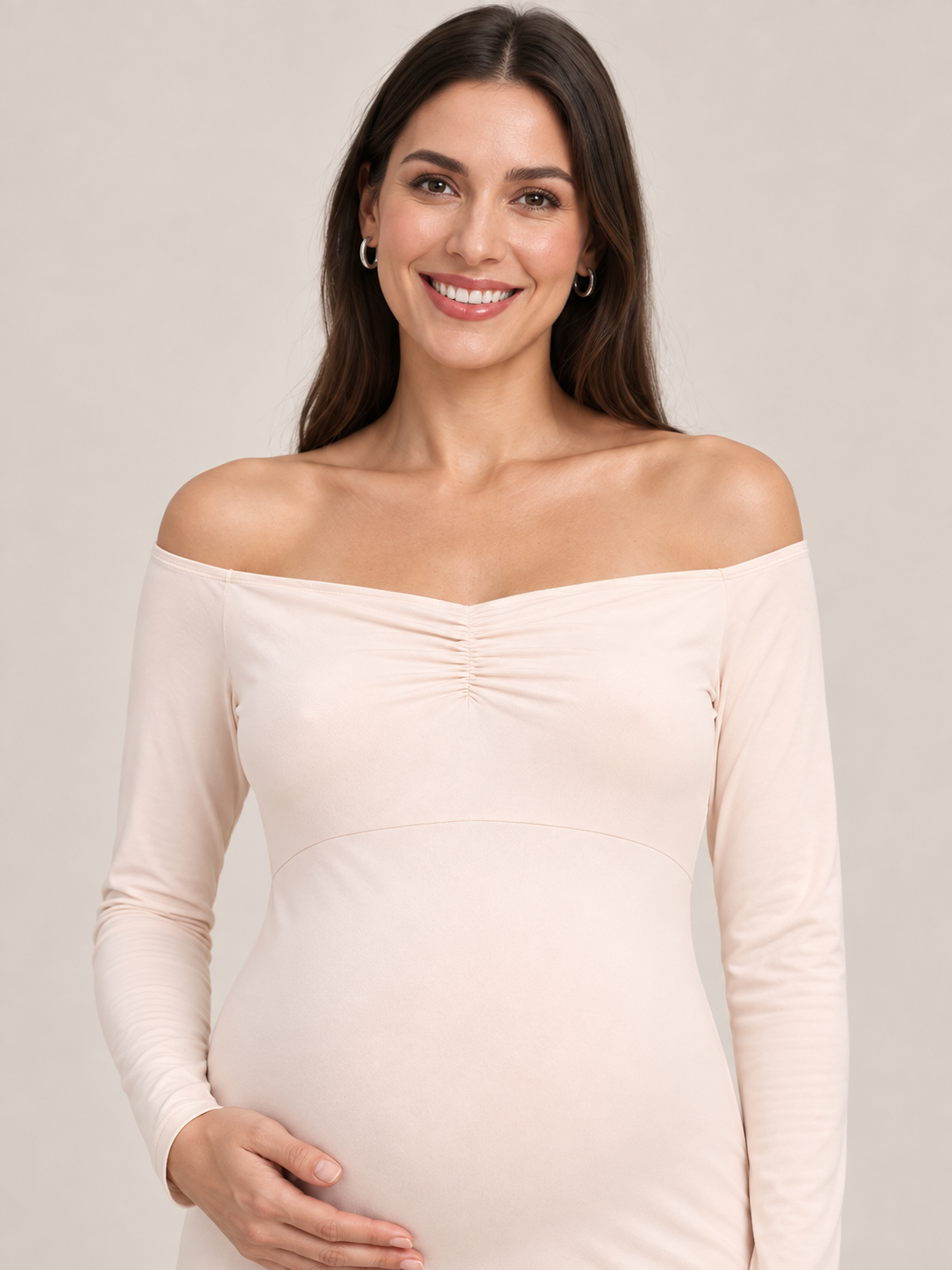Amelise Cream maternity dress — off-the-shoulder neckline and center ruching close-up