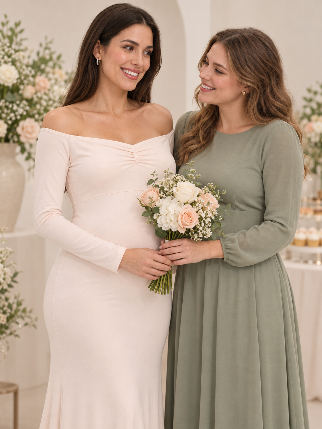 Amelise Cream maternity dress — baby shower celebration with a friend and a bouquet