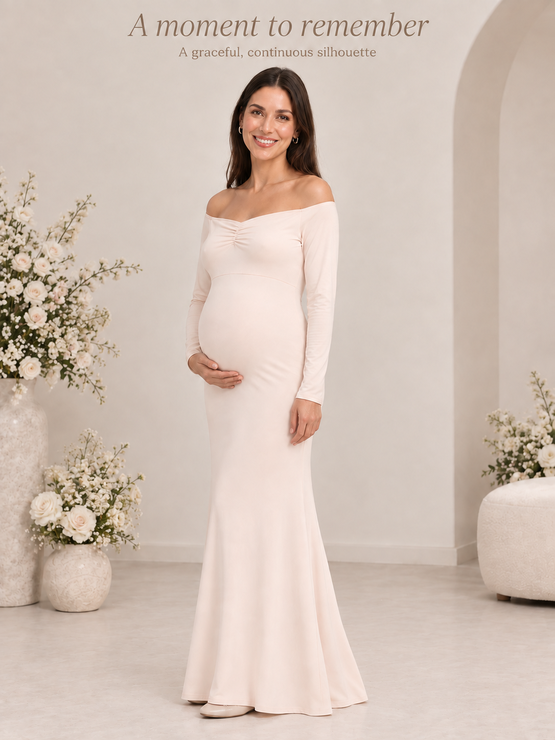 Amelise Cream maternity dress — full continuous silhouette in soft light