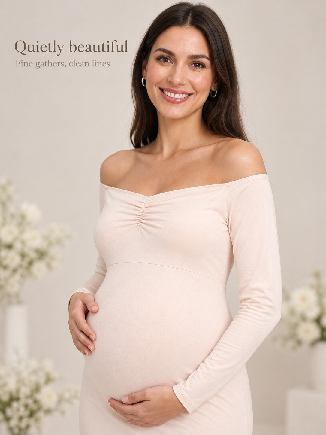 Amelise Cream maternity dress — center ruching and smooth fabric in soft light