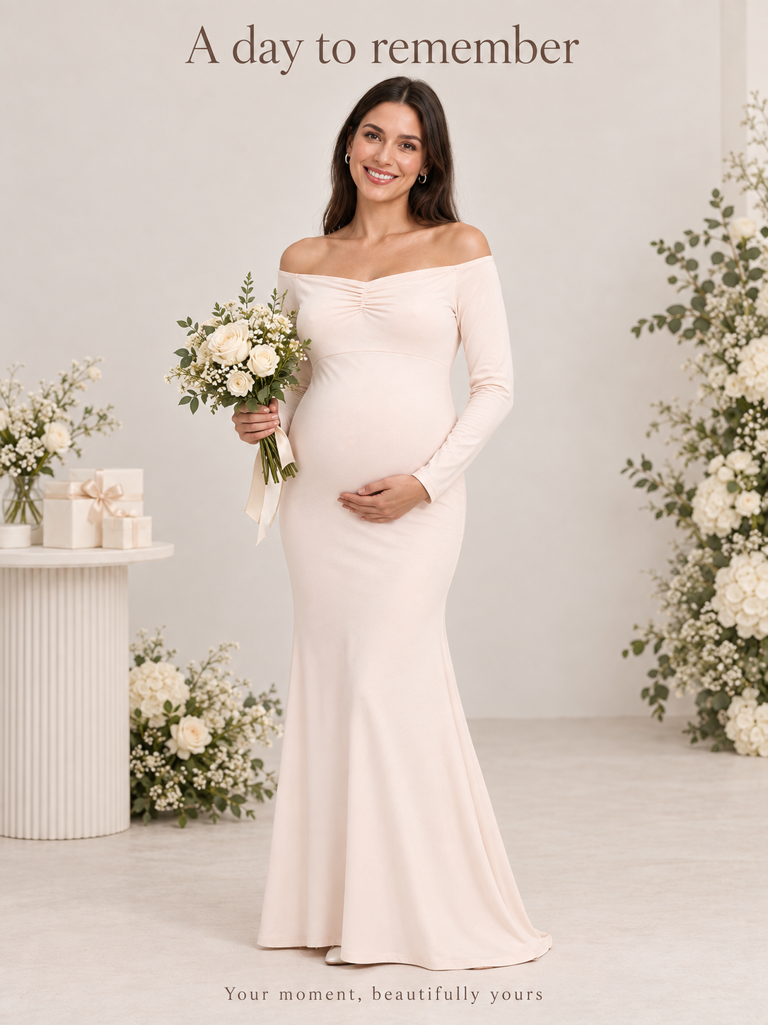 Amelise Cream maternity dress — maternity portrait holding a bouquet among flowers
