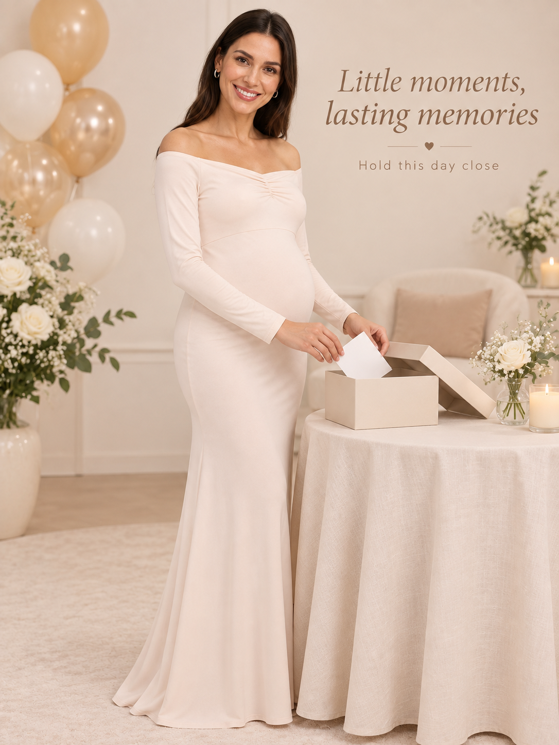 Amelise Cream maternity dress — keepsake moment placing a card in a gift box