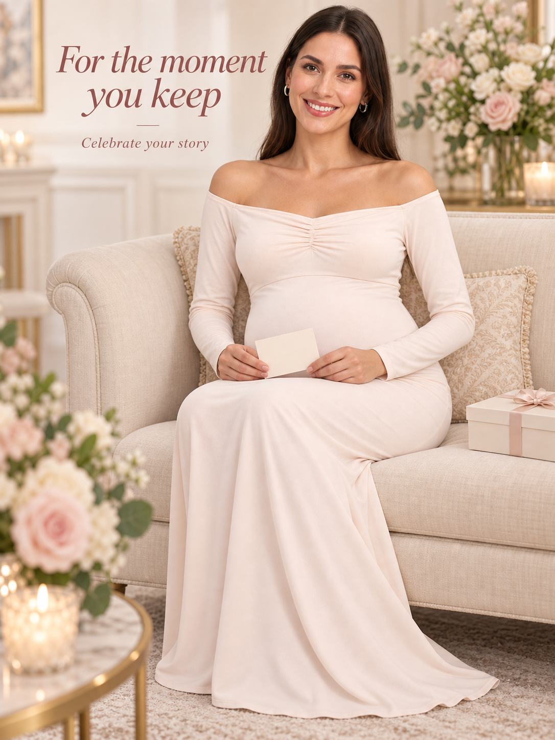 Amelise Cream maternity dress — BabyShowerDress brand story seated in a softly lit room