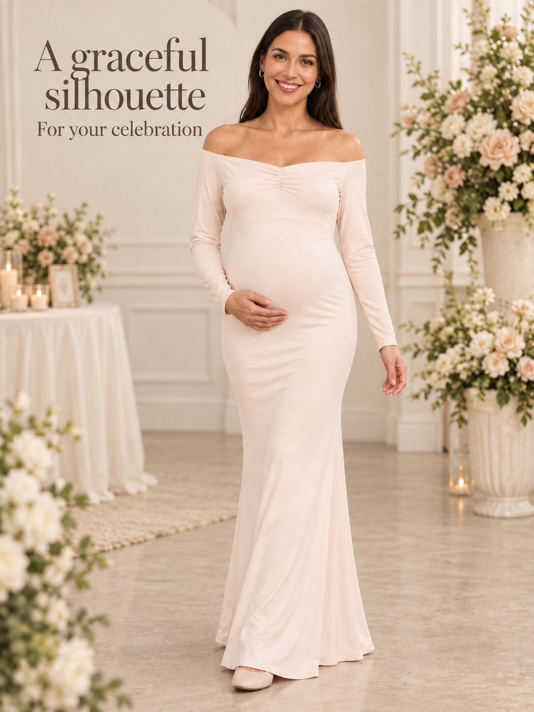 Amelise Cream maternity dress — full-length view of the fitted, softly flared silhouette