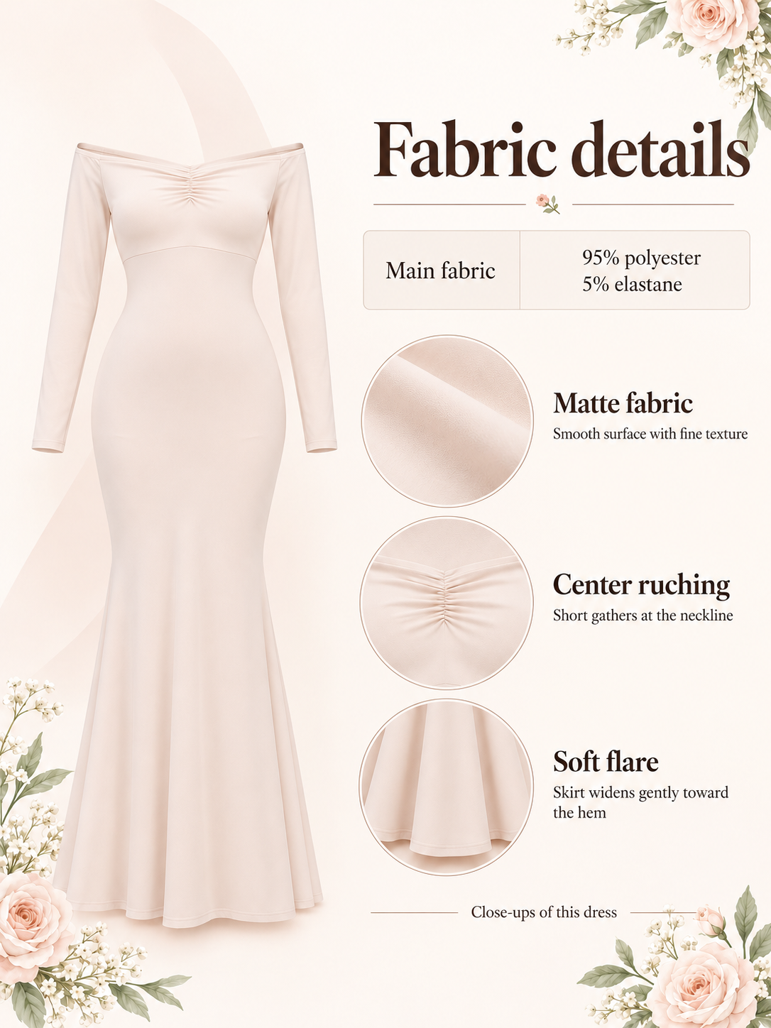 Amelise Cream maternity dress — material guide showing smooth matte fabric, center ruching and long sleeves