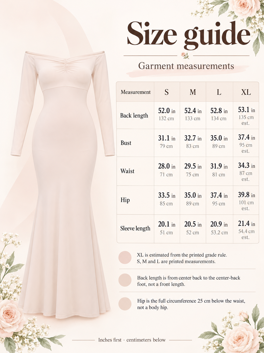 Amelise Cream maternity dress — size guide with S to XL garment measurements, XL estimated, in inches and centimeters