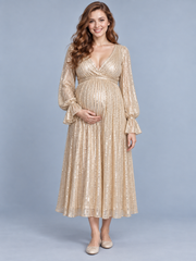 Mirabel Light Gold maternity dress — front view with deep V neckline, long sleeves and A-line midi skirt