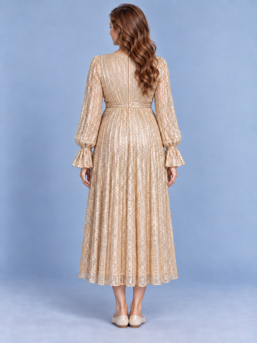 Mirabel Light Gold maternity dress — back view of the empire seam, long sleeves and A-line skirt