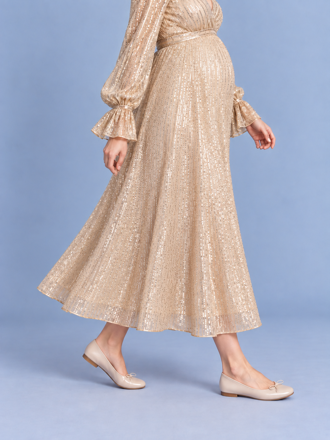 Mirabel Light Gold maternity dress — A-line midi skirt in motion