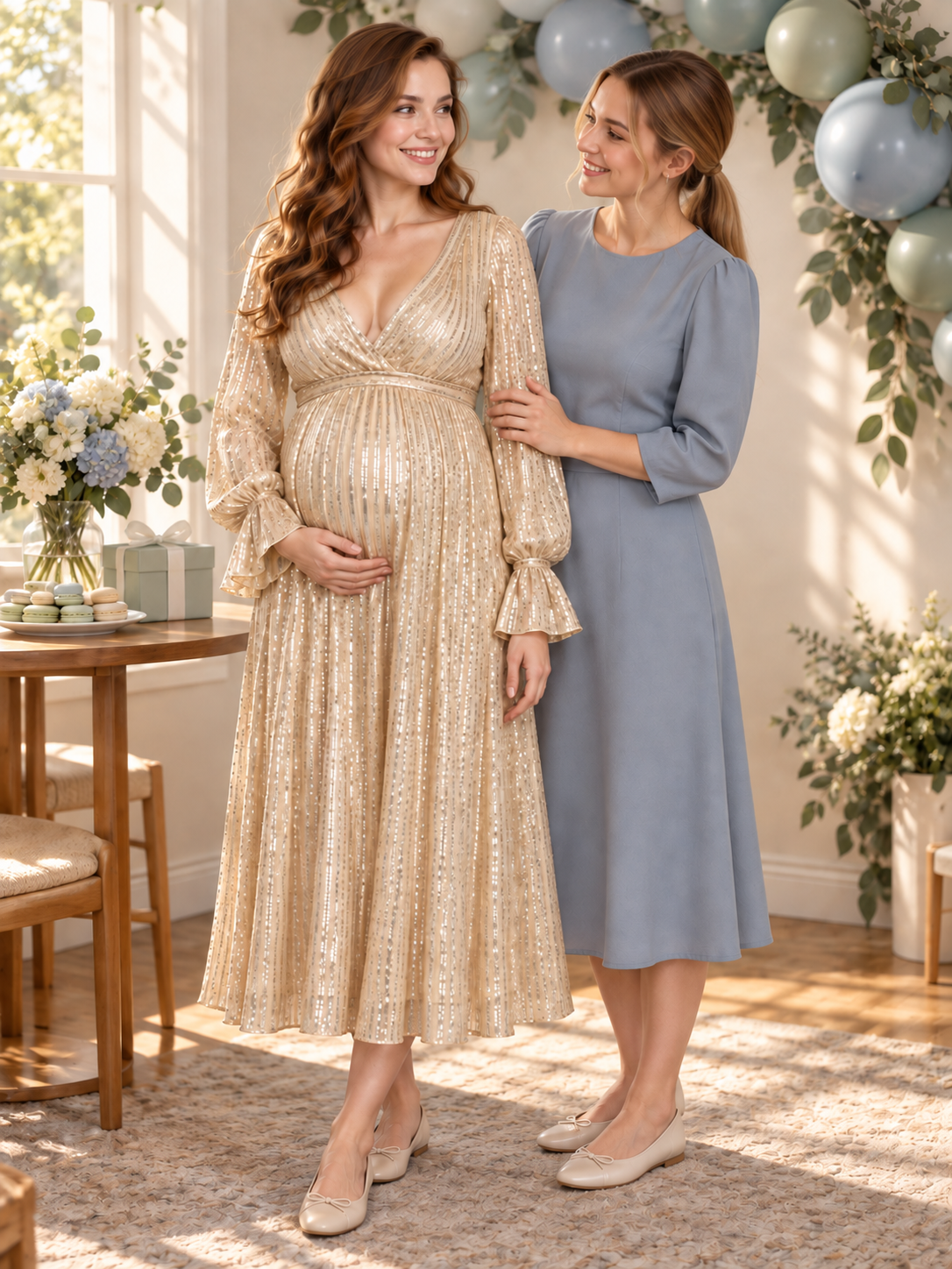 Mirabel Light Gold maternity dress — baby shower moment with a loved one and balloons