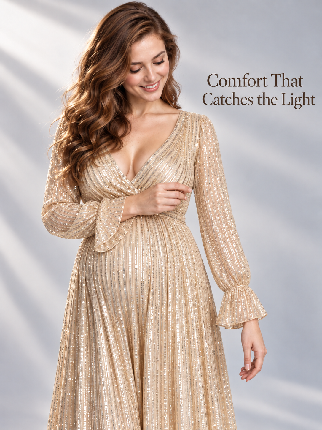 Mirabel Light Gold maternity dress — vertical sequin rows in soft light