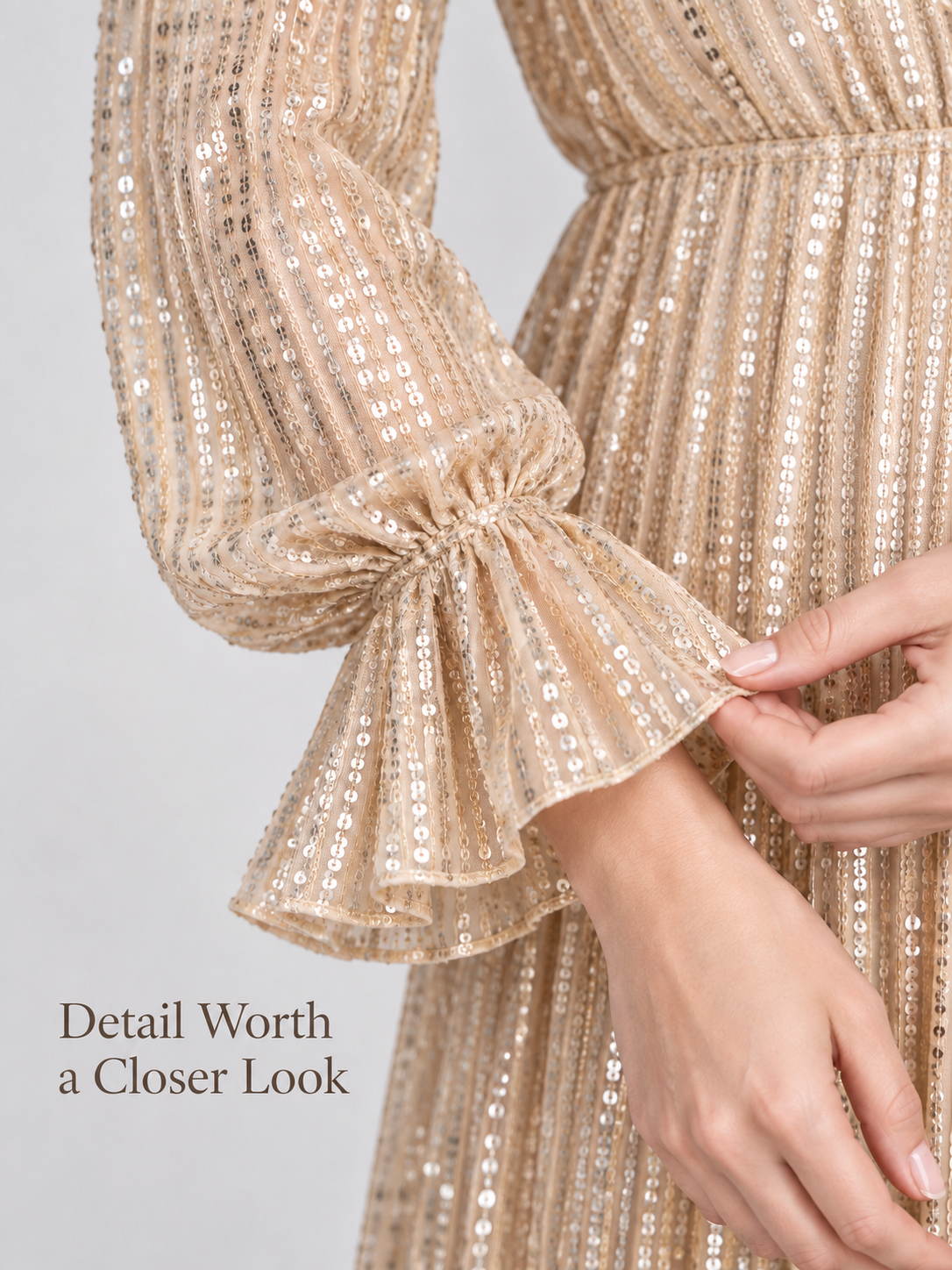 Mirabel Light Gold maternity dress — flared ruffle cuff and sequin rows up close
