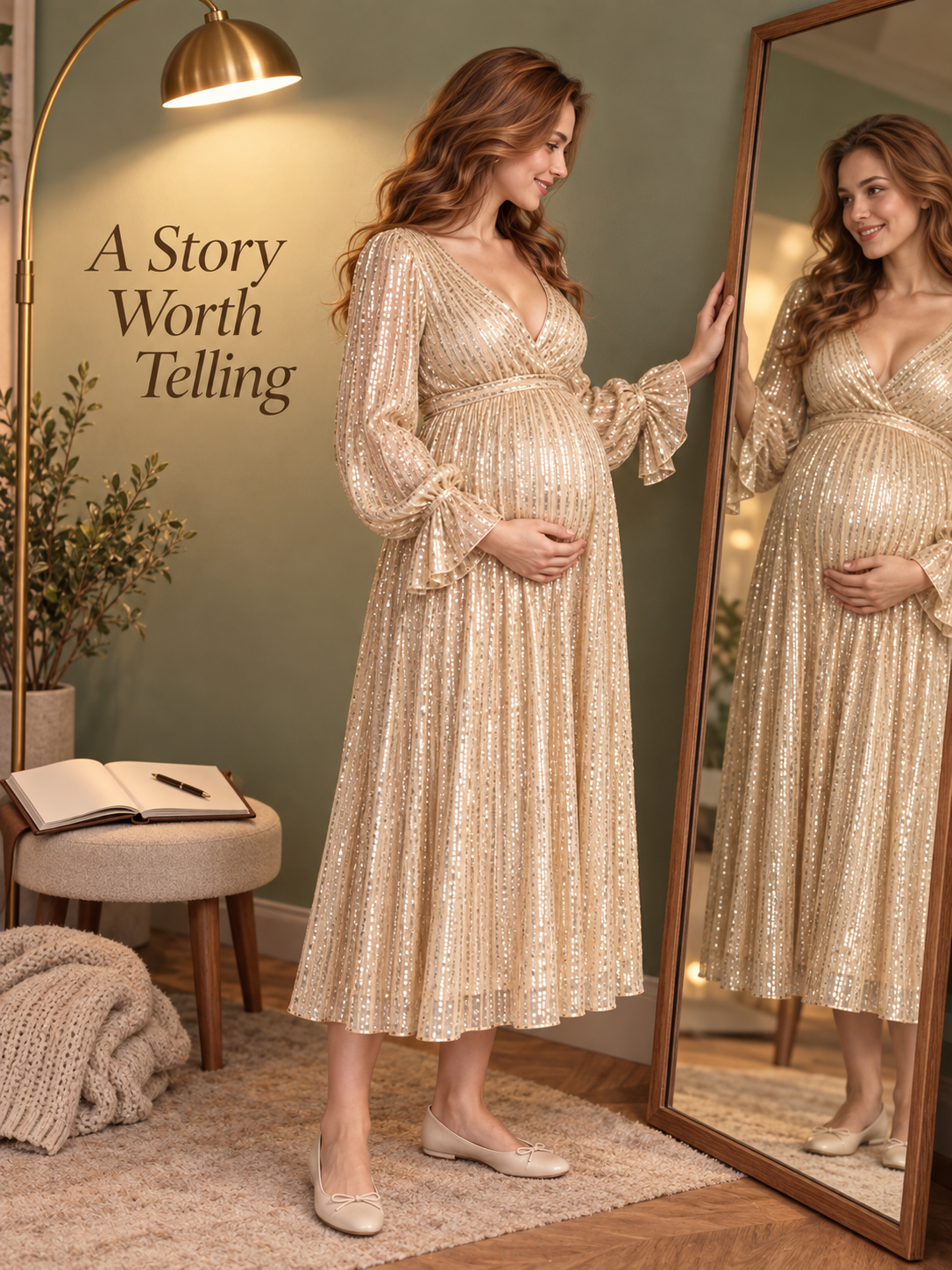 Mirabel Light Gold maternity dress — a quiet moment beside a tall mirror