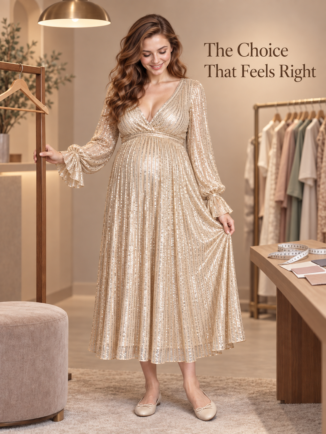 Mirabel Light Gold maternity dress — choosing a dress in a boutique