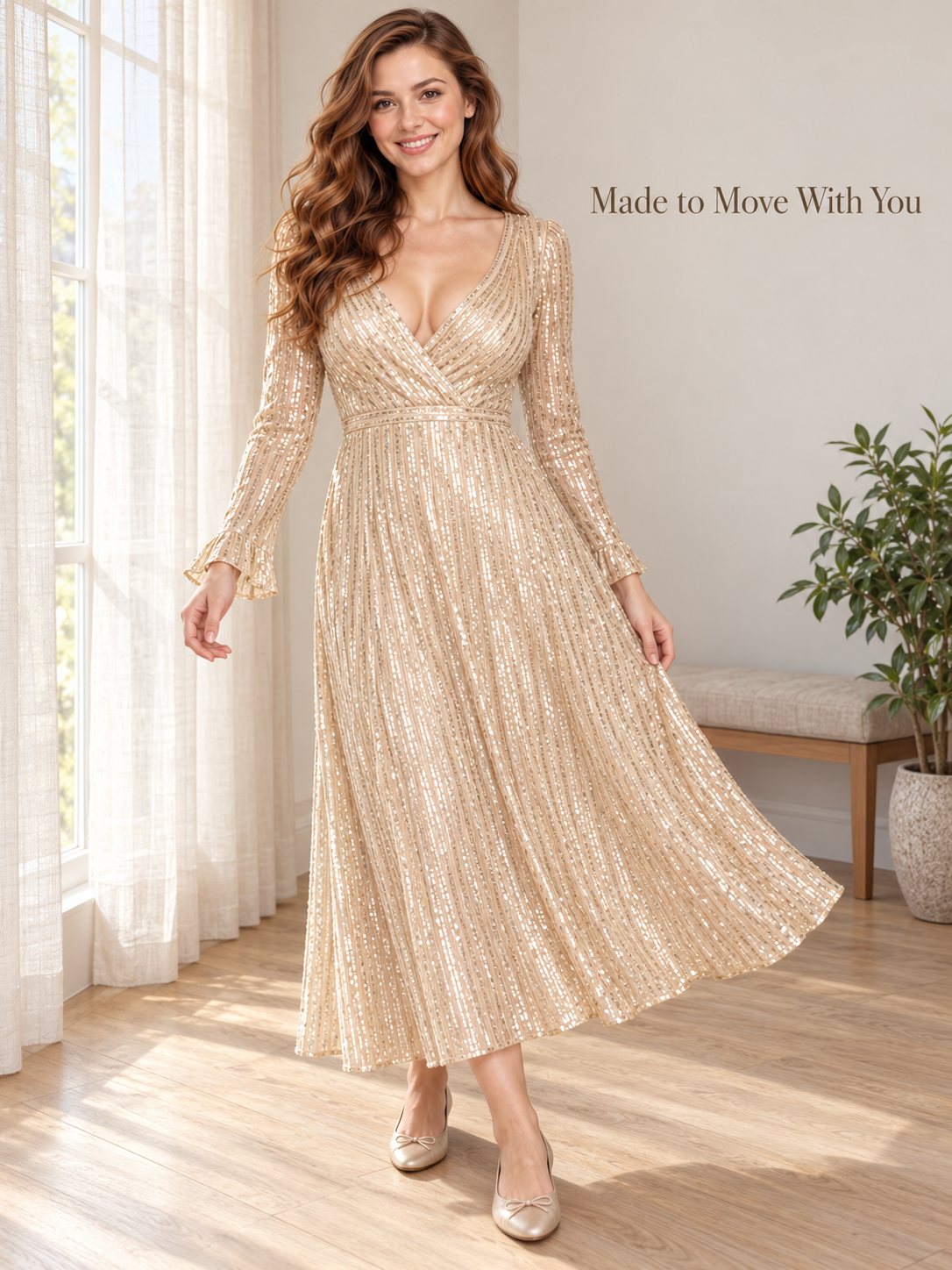 Mirabel Light Gold maternity dress — full-length view of the flowing midi skirt