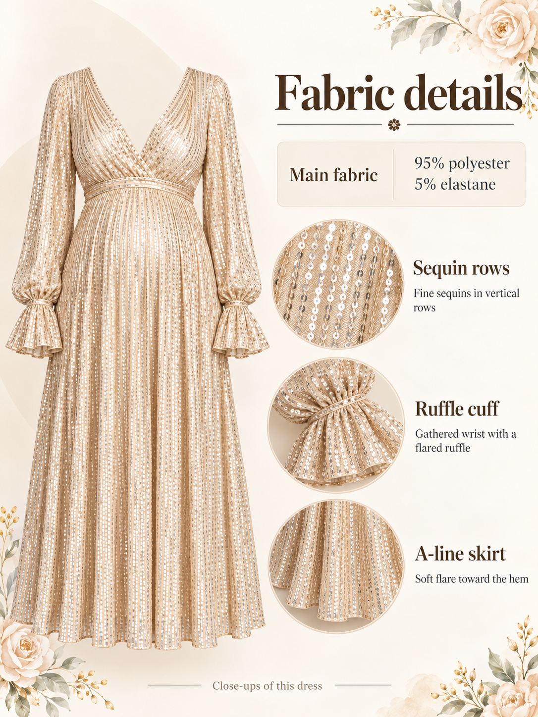 Mirabel Light Gold maternity dress — material guide showing the sequin rows, wrap neckline and ruffle cuff