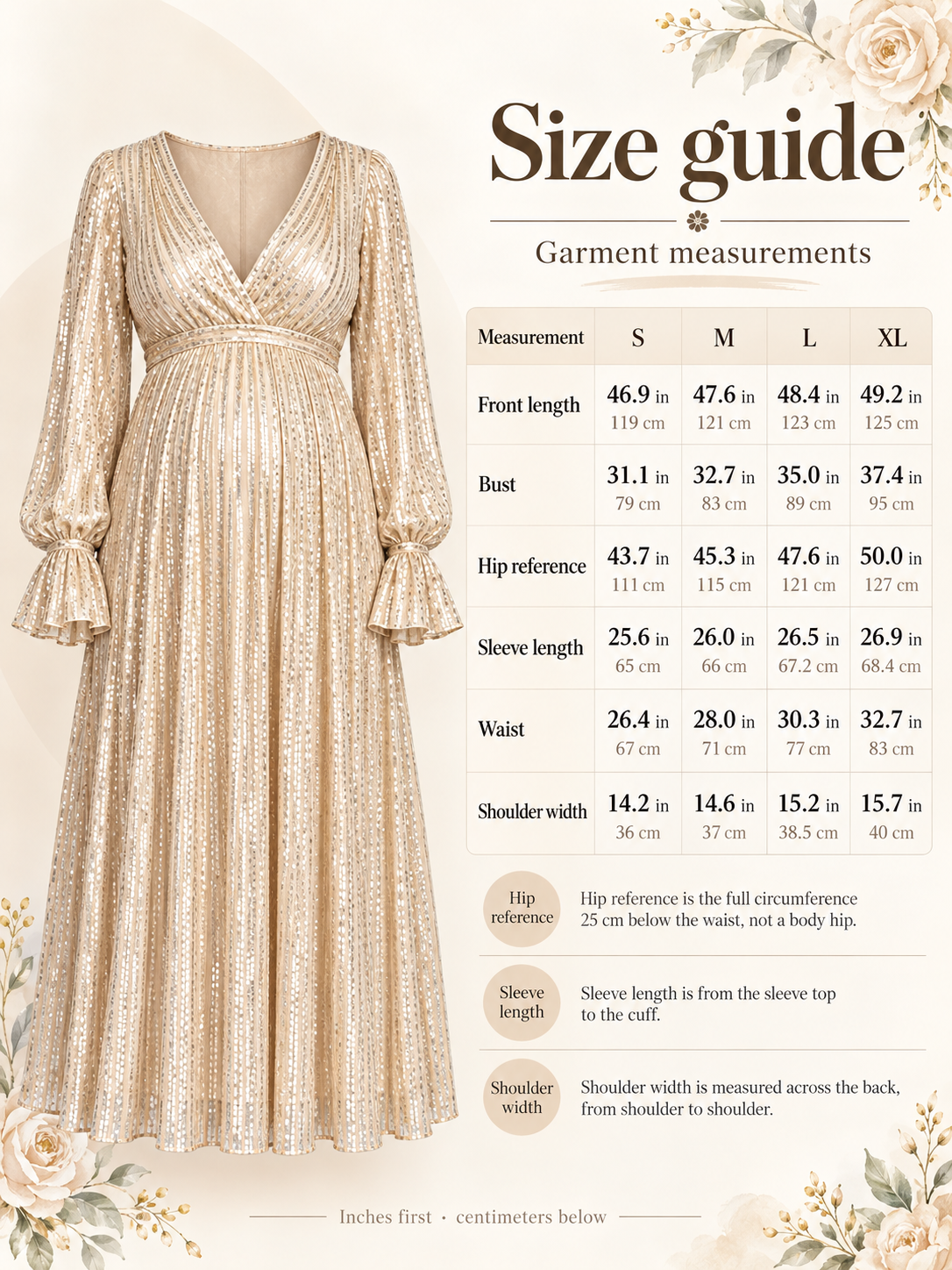 Mirabel Light Gold maternity dress — size guide with S to XL garment measurements in inches and centimeters