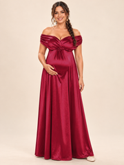 Cressida Wine Red maternity dress — front view with off-shoulder crossover neckline and flowing satin maxi skirt