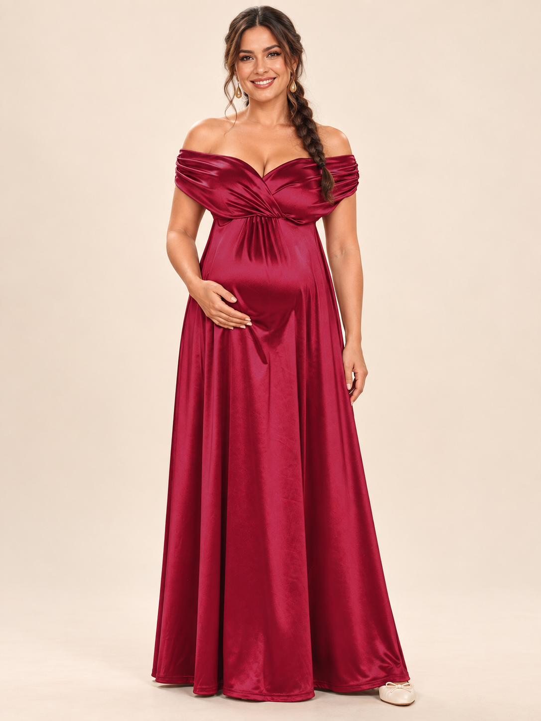 Cressida Wine Red maternity dress — front view with off-shoulder crossover neckline and flowing satin maxi skirt