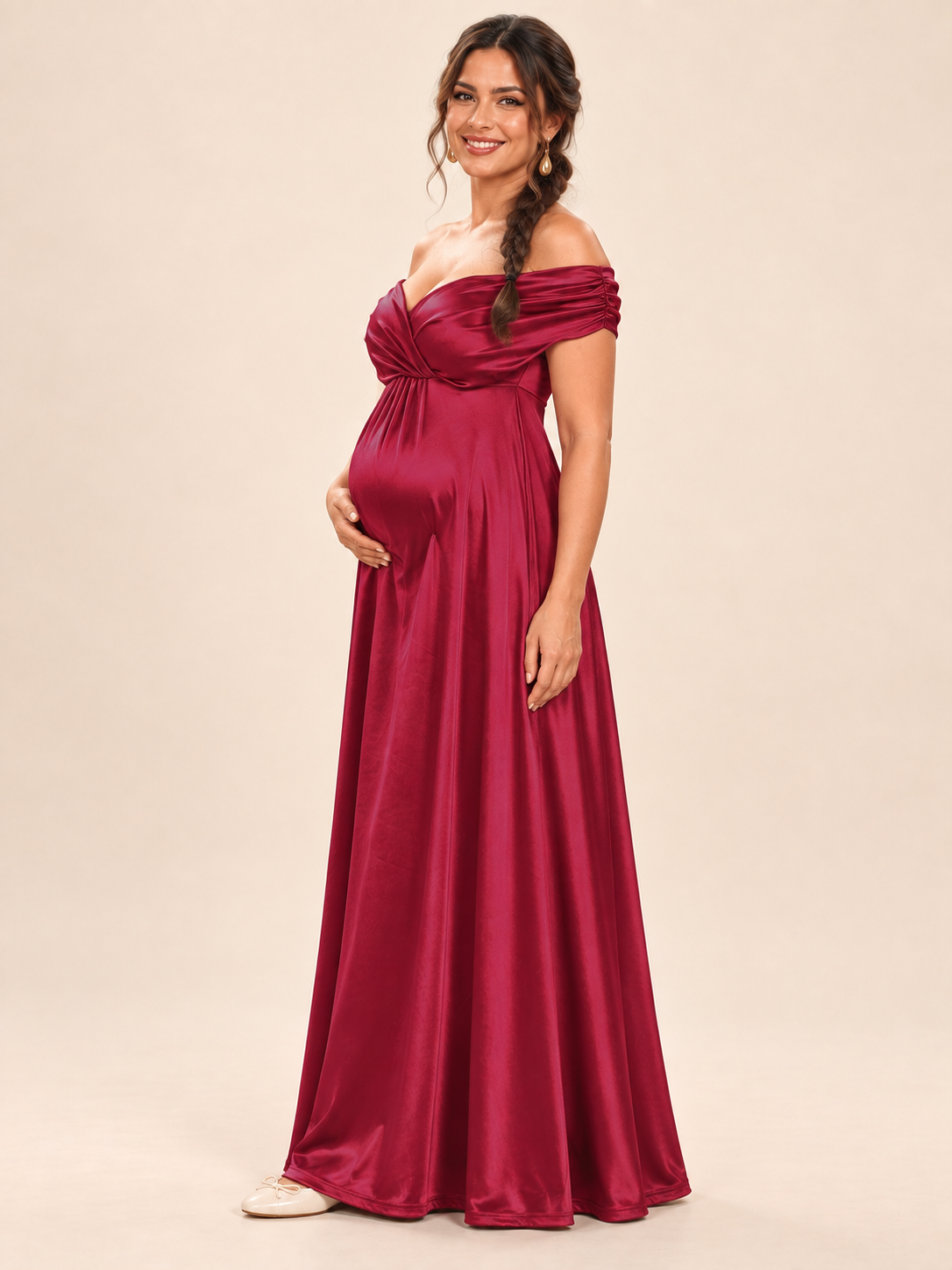 Cressida Wine Red maternity dress — side view of the high waist and maternity silhouette