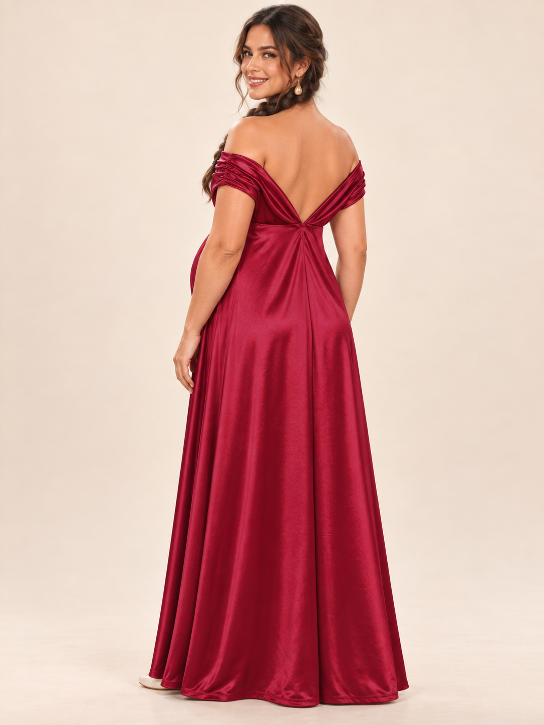 Cressida Wine Red maternity dress — back view showing the deep V back and ruched shoulder bands