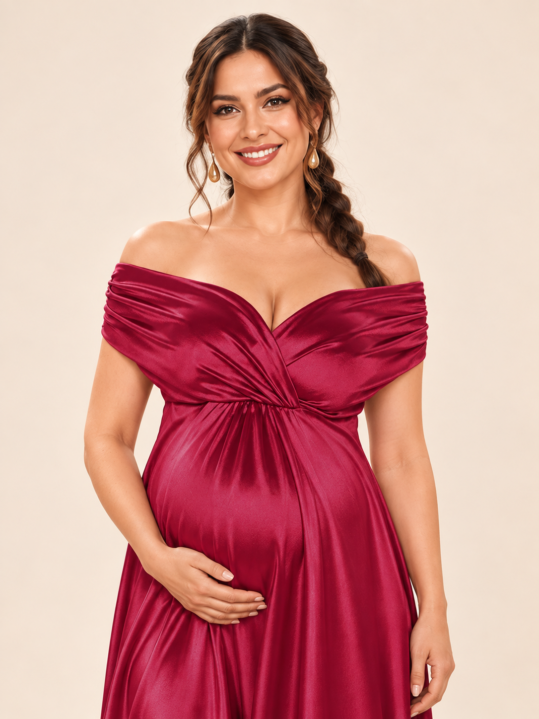 Cressida Wine Red maternity dress — crossover V-neckline and ruched shoulder bands up close