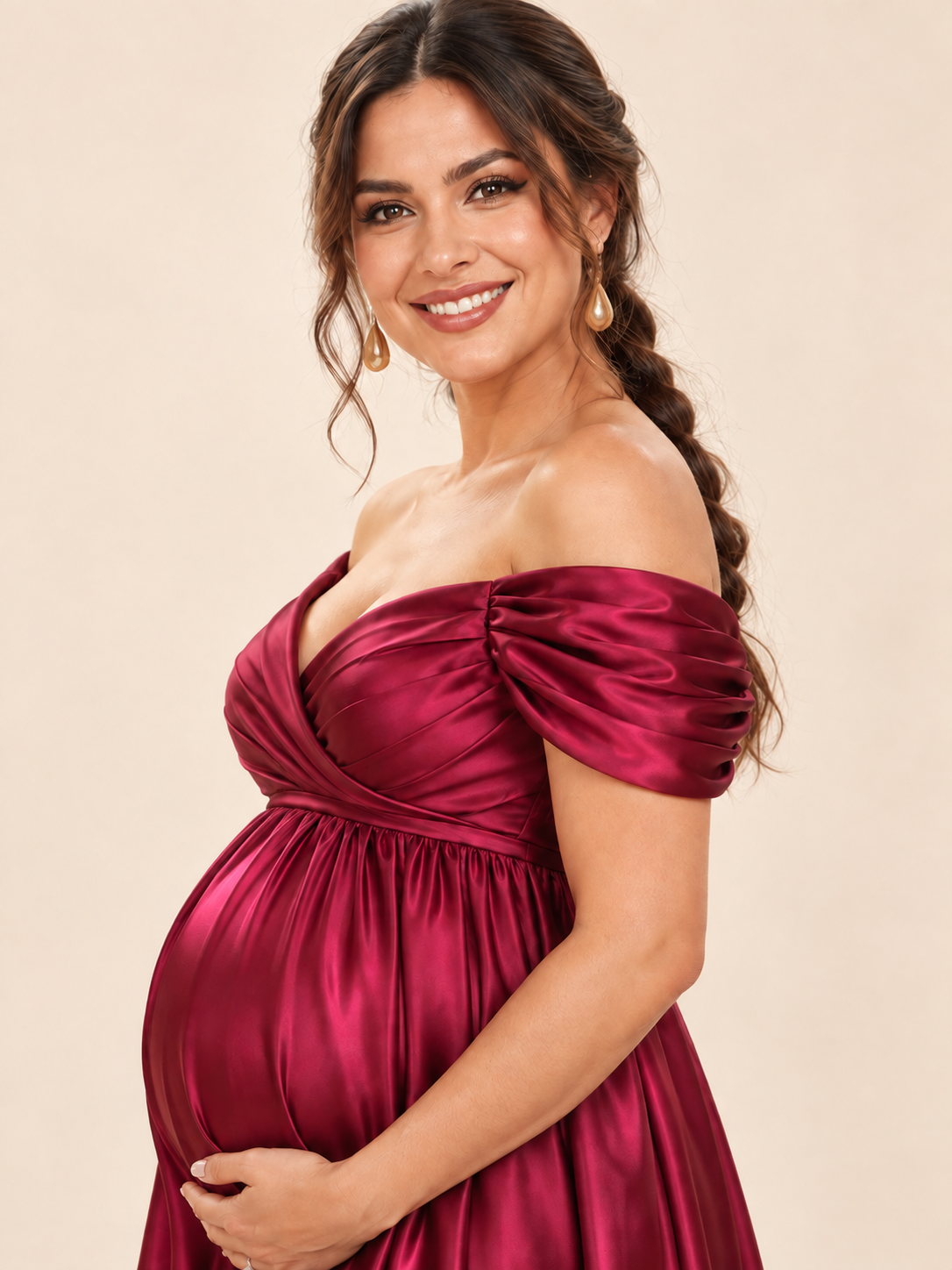 Cressida Wine Red maternity dress — ruched off-shoulder band over the upper arm in profile