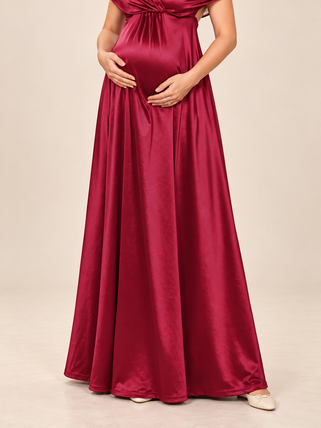 Cressida Wine Red maternity dress — smooth satin skirt falling to the floor