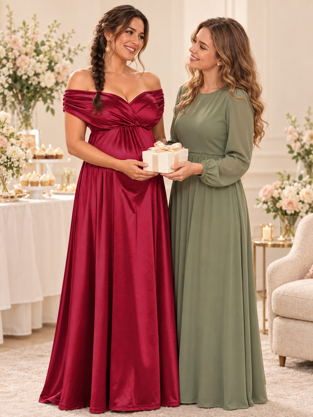 Cressida Wine Red maternity dress — receiving a wrapped gift from a friend at a baby shower
